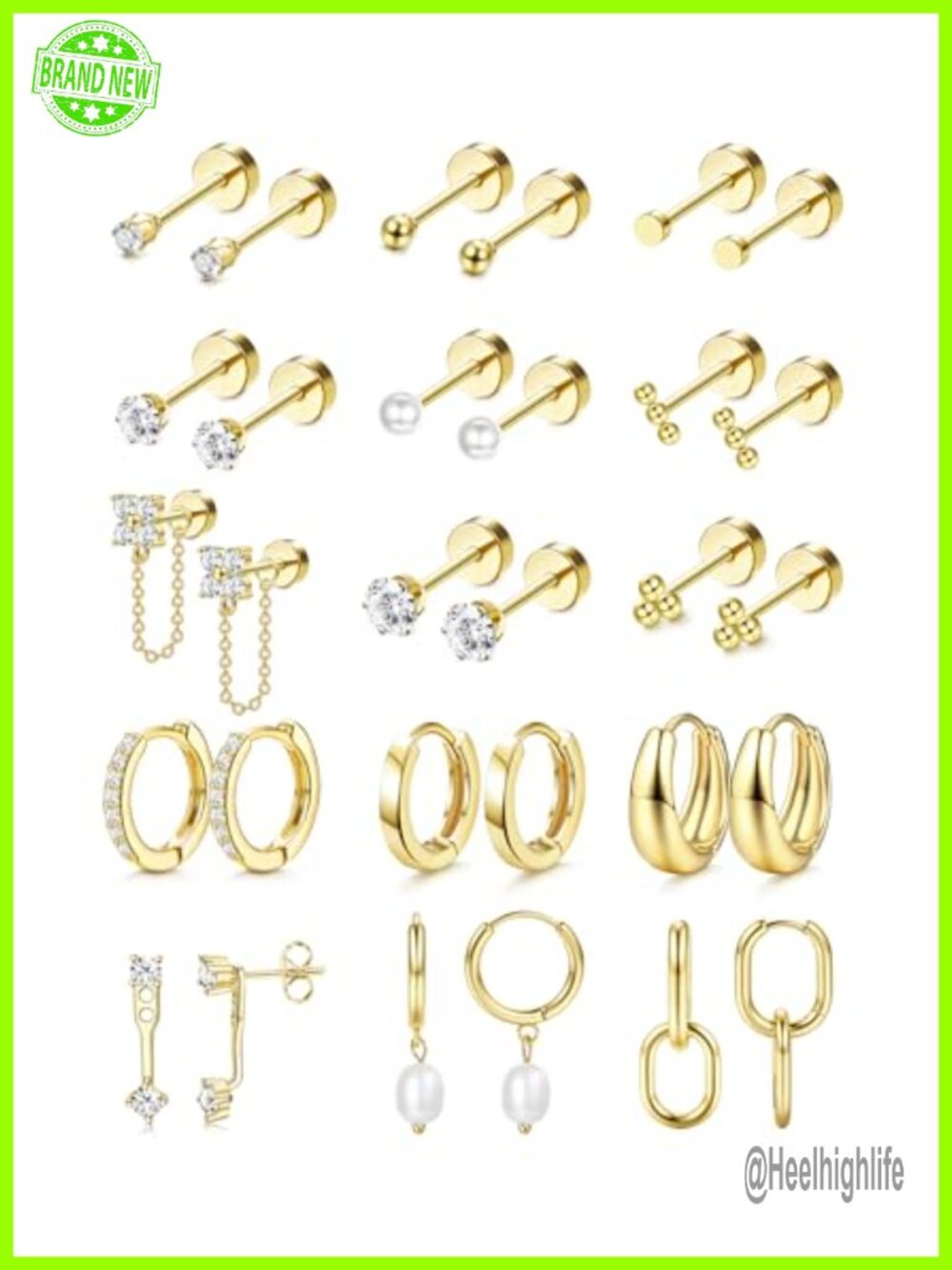 14K Gold Plated Flat Back Earrings Set Hypoallergenic Surgical Steel Cartilage